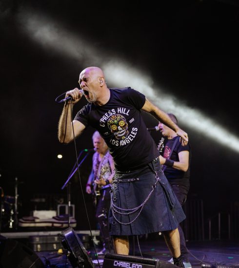 Fotografija sa nastupa benda Goblini na Art Front festivalu u Sremskoj Mitrovici, frontman peva na sceni pred publikom.