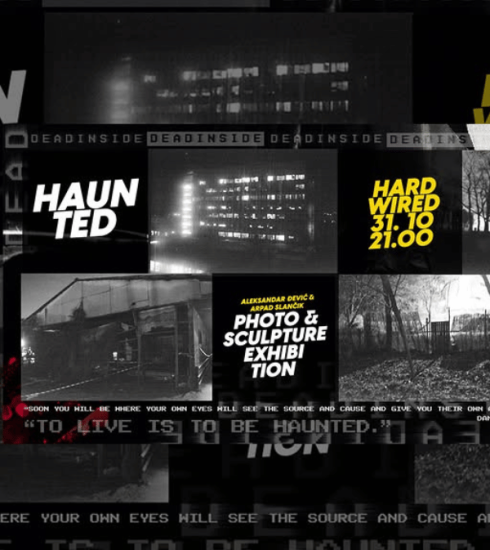 Baner za najavu izložbe "Haunted" - Aleksandra Đevića i Arpada Slančika u Subotici